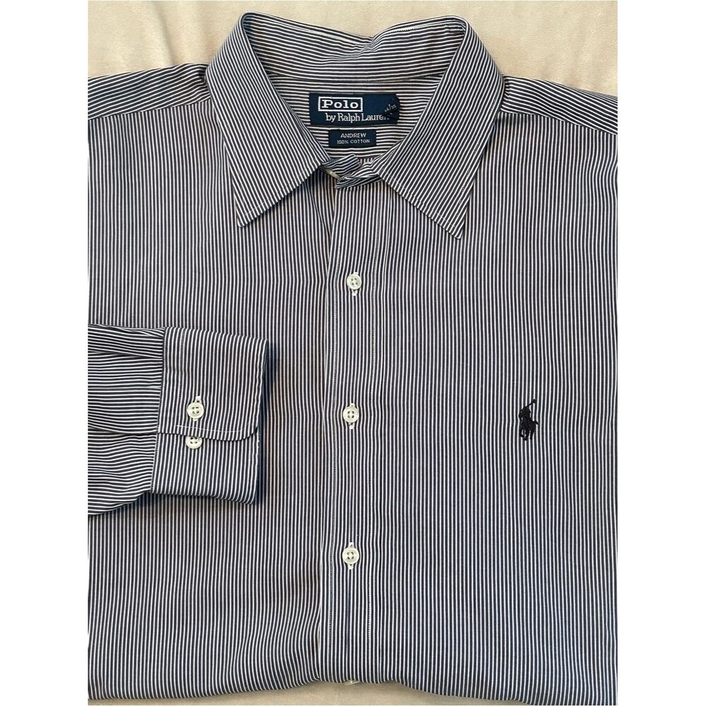 Polo Ralph Lauren Andrew Shirt Mens 17 34/35 Blue White Striped Cotton Vintage